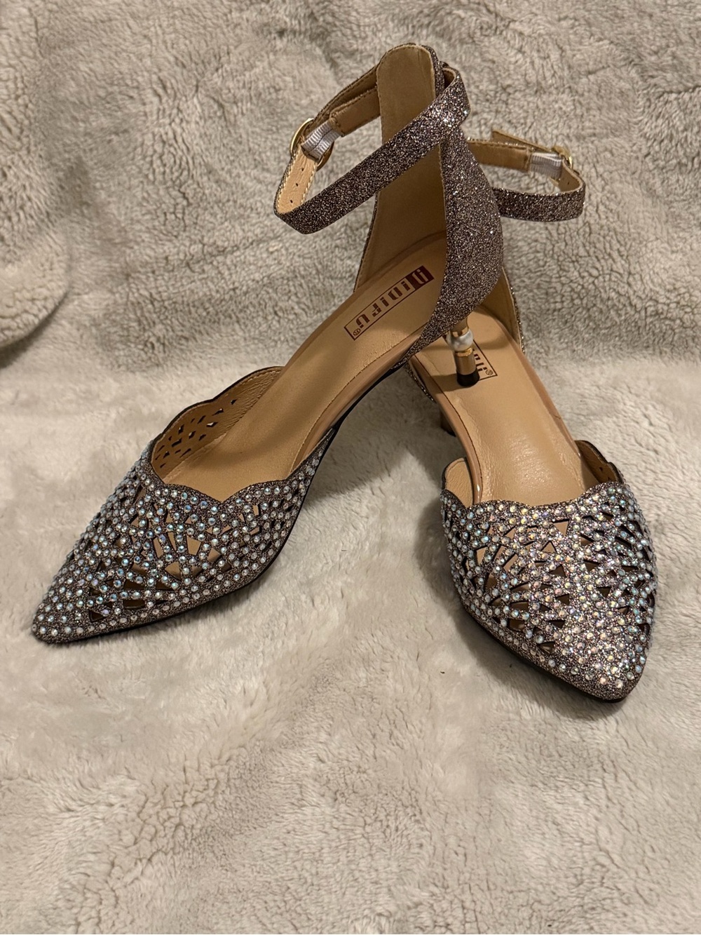 Glitter Crystal Ankle-Strap Pointed Flats - Rose Gold with pear heel accent